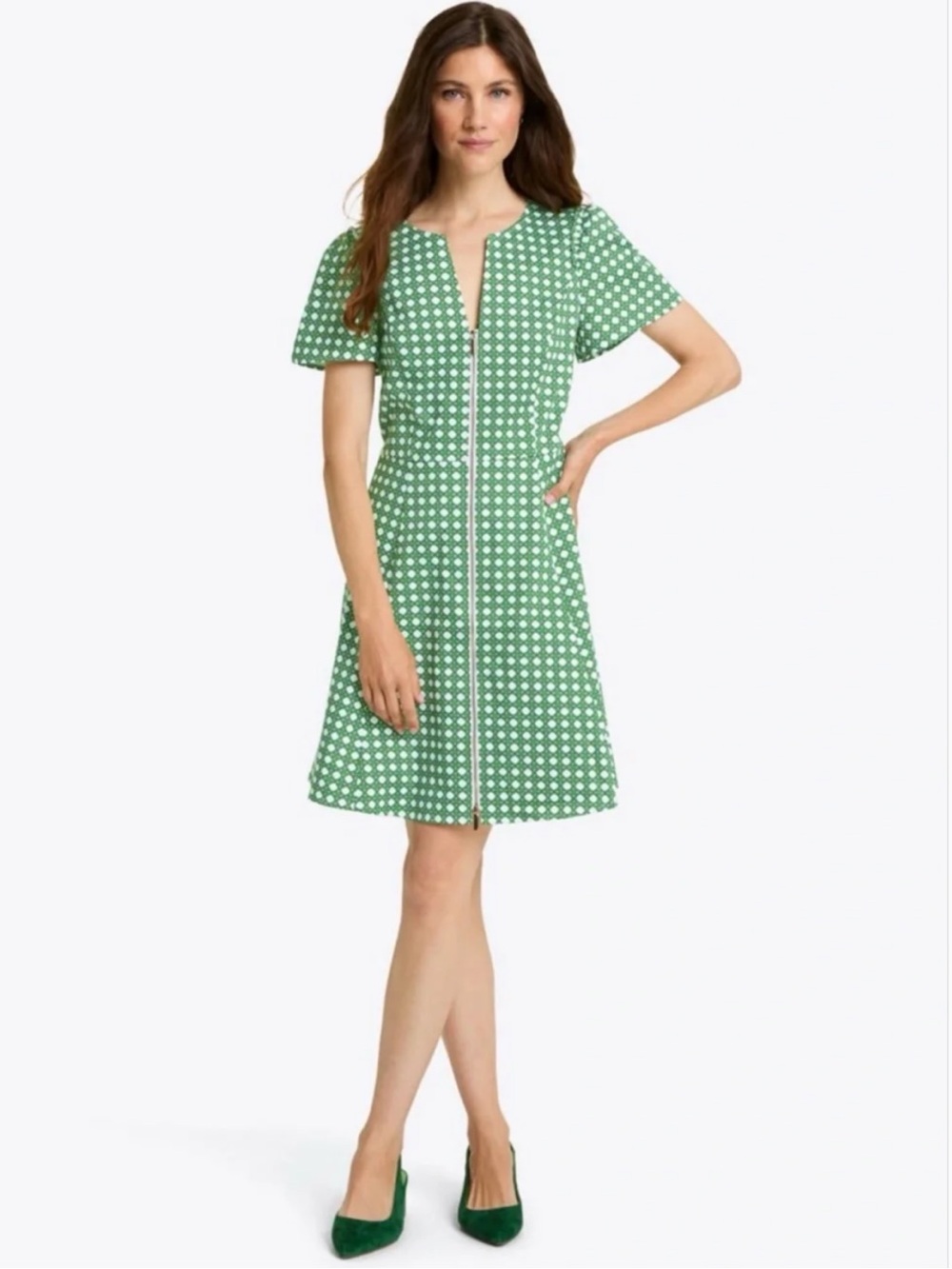 NWT Draper James Green White Rattan Print Zip-Front Mini Dress
